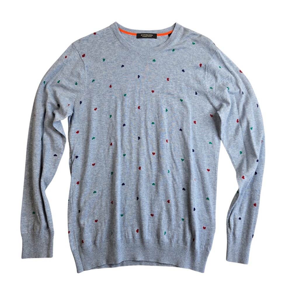 Scotch & Soda Sweater Mens L Blue Polka Dot Heart Print Cotton Crew Lightweight